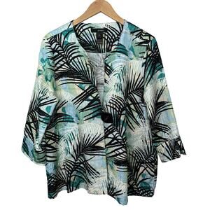 Ali Miles One-Button Blouse Cardigan Tropical‎ Large Crinkle Textured Floral Top